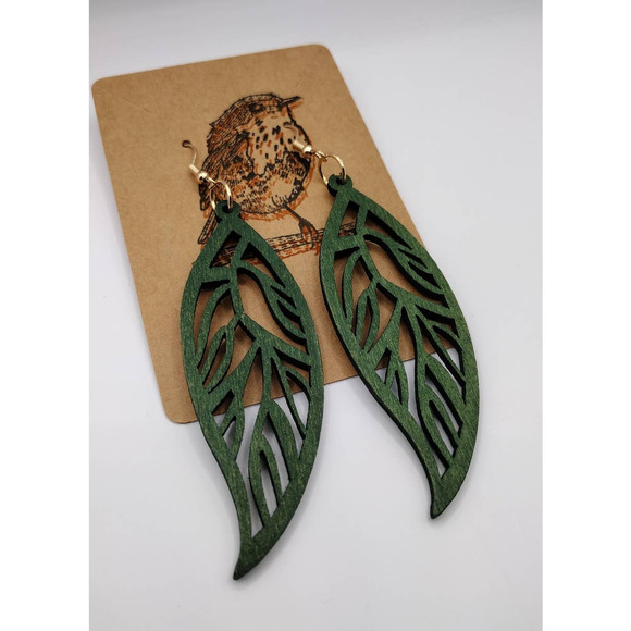 Green Leaf Plant Drop Hollow Earrings - Picture 2 of 5
